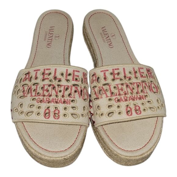 VALENTINO GARAVANI Atelier Eyelet Flat Espadrille Slide Sandals Natural 37.5 - Picture 1 of 13